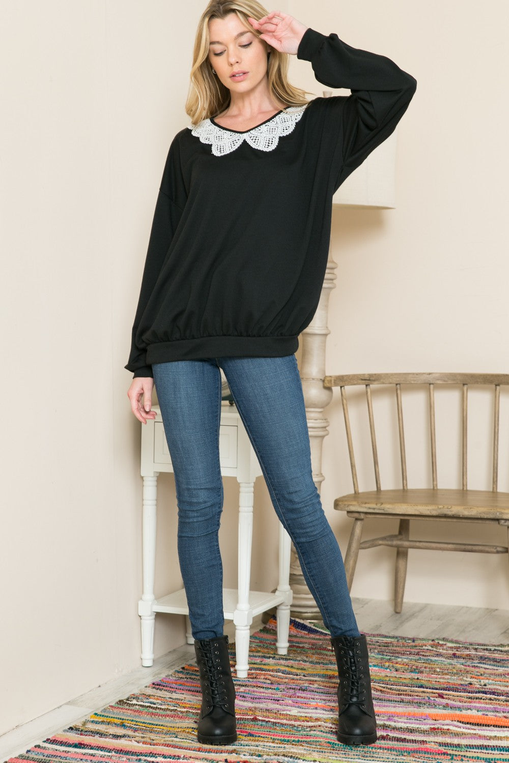 Lace Collared French Terry Sweatshirt in M view 2 - Lace Collared Sweater (top)