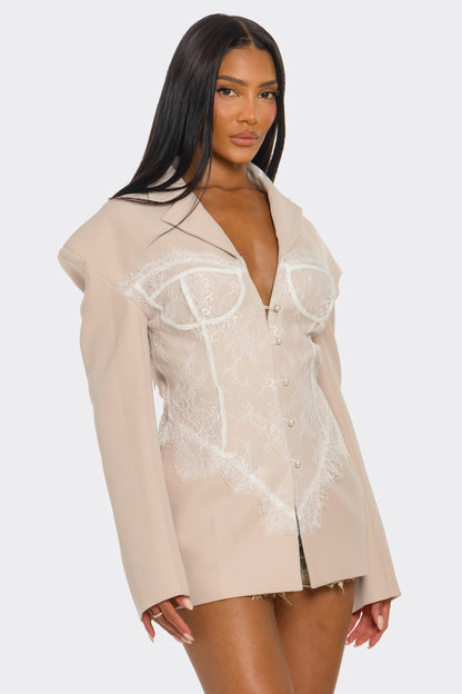 Lace Command Corset Blazer - Blush Nude in 2XL view 3 - Casual Office Outfit - Lace Collar Blazer (layer)