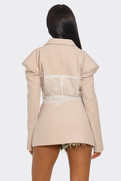 Lace Command Corset Blazer - Blush Nude view 4 - Casual Office Outfit - Lace Collar Blazer (layer)