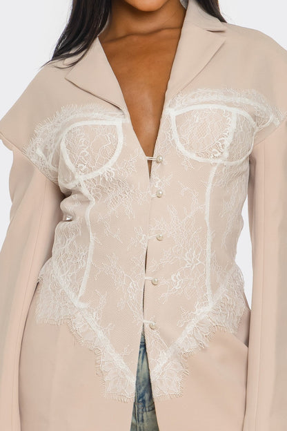 Lace Command Corset Blazer - Blush Nude view 5 - Casual Office Outfit - Lace Collar Blazer (layer)