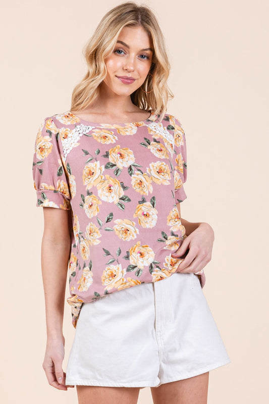 Lace Detailed Short Sleeve Top in Floral - Lace Detail Top H&M