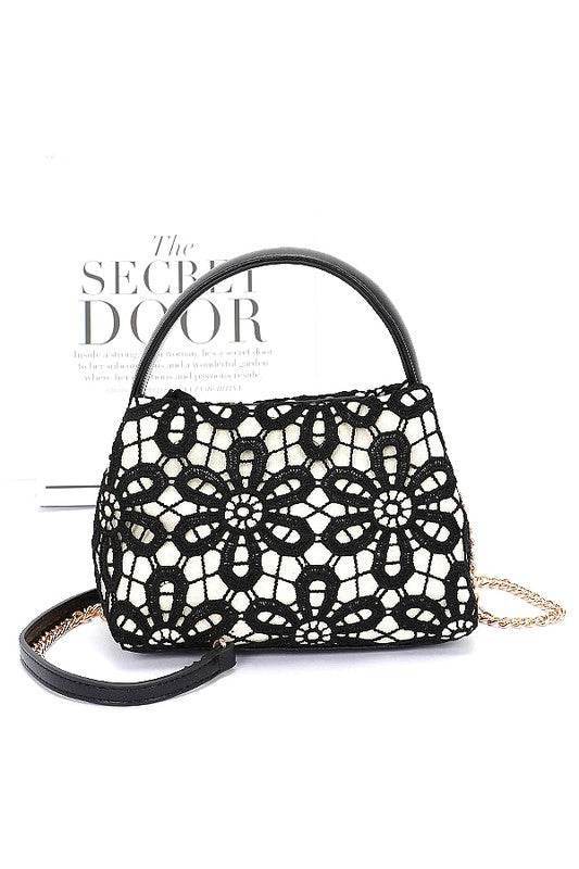 Lace Flower 2 Tone Top Handle Convertible Clutch - us.meeeshop