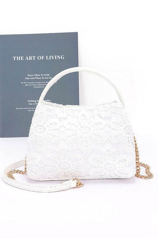 Lace Flower 2 Tone Top Handle Convertible Clutch - us.meeeshop