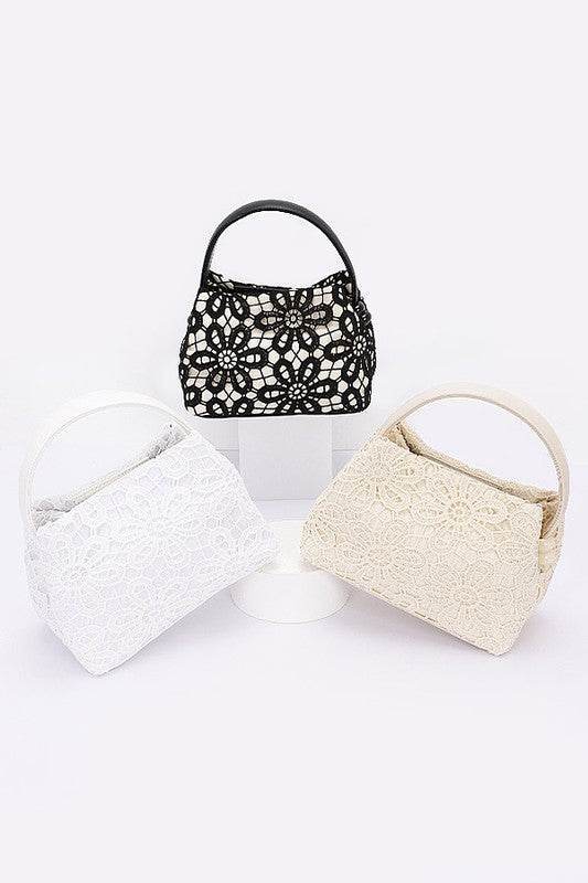 Lace Flower 2 Tone Top Handle Convertible Clutch - us.meeeshop