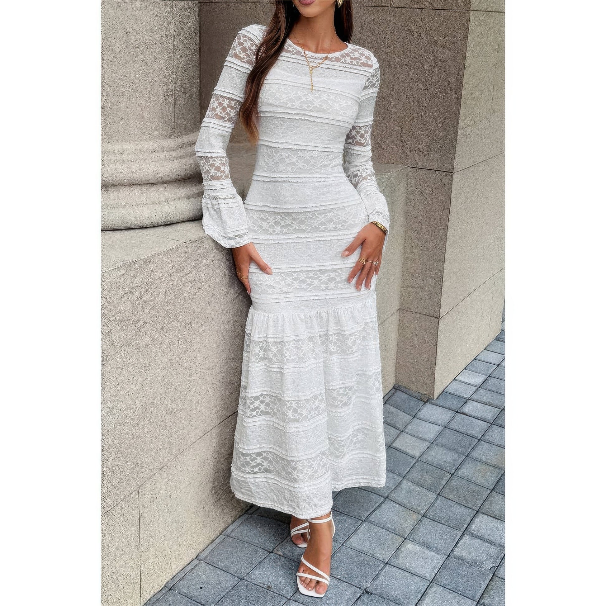 Lace Mermaid Round Neck Solid Maxi Dress - MeeeShop Women's Fashion