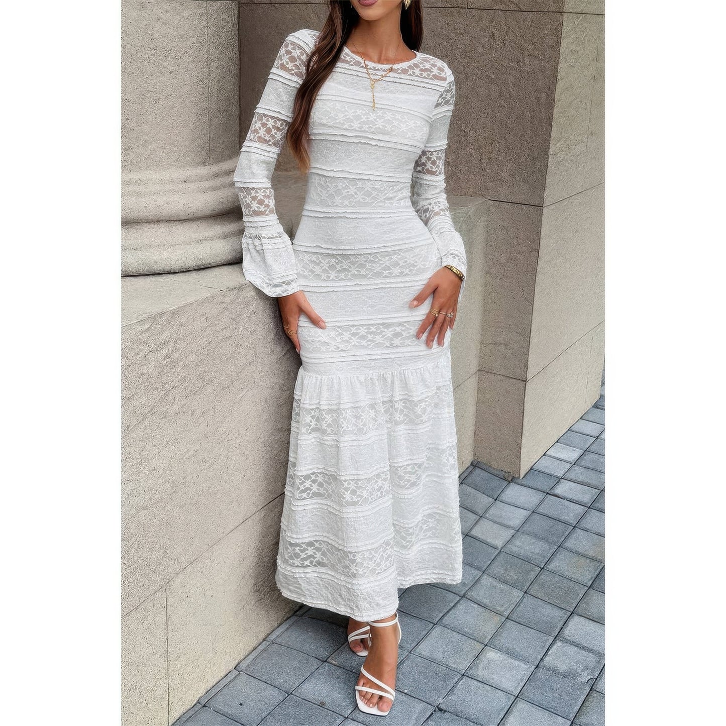 Lace Mermaid Round Neck Solid Maxi Dress in White - Lace Mermaid Dress Wedding