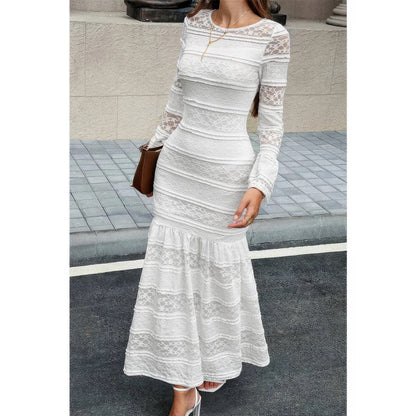 Lace Mermaid Round Neck Solid Maxi Dress in White view 2 - Lace Mermaid Dress Wedding