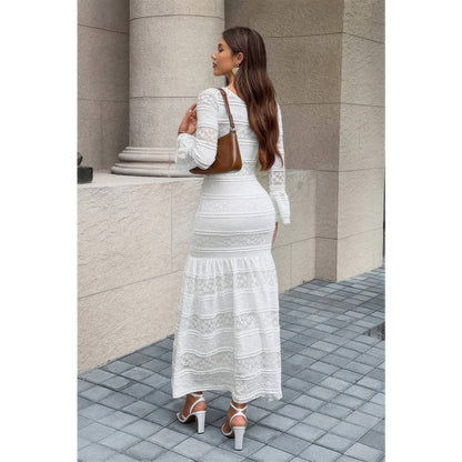 Lace Mermaid Round Neck Solid Maxi Dress in White view 4 - Lace Mermaid Dress Wedding
