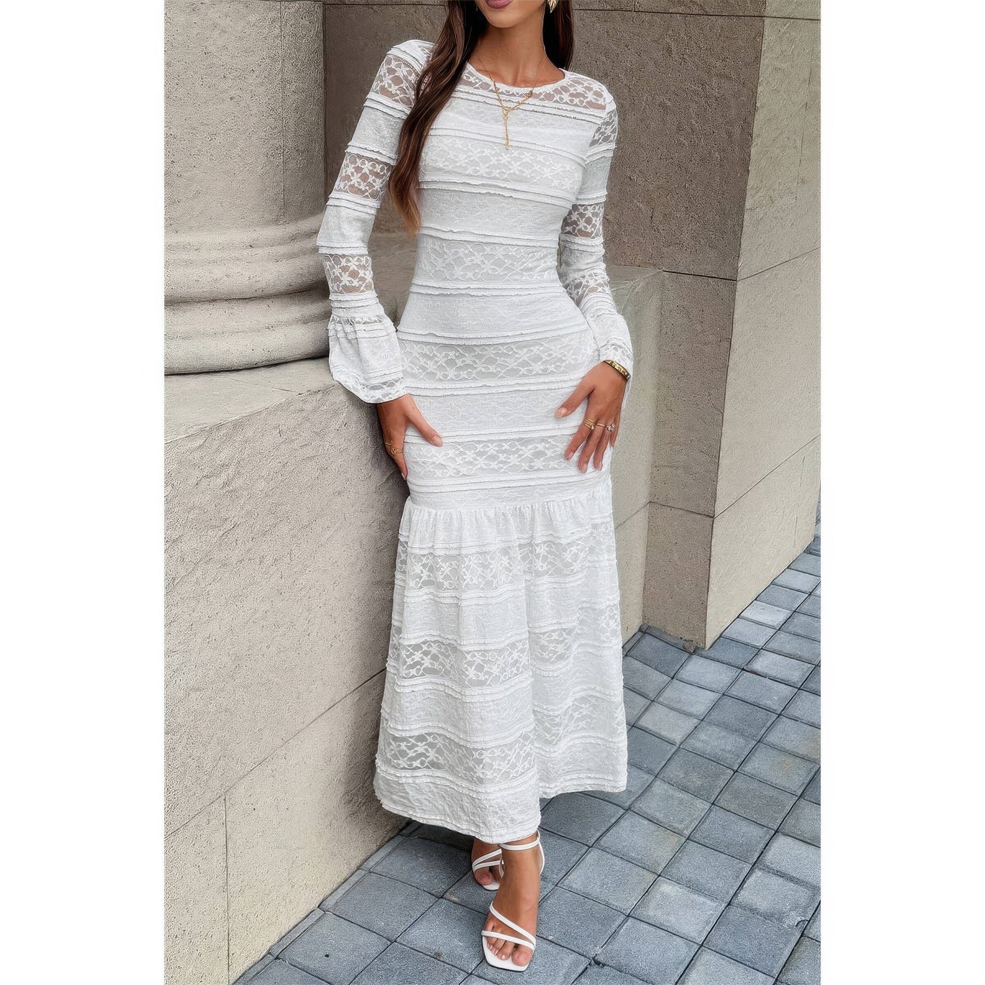 Lace Mermaid Round Neck Solid Maxi Dress White (dress) - lace mermaid dress wedding, lace mermaid dress - shop at us.meeeshop