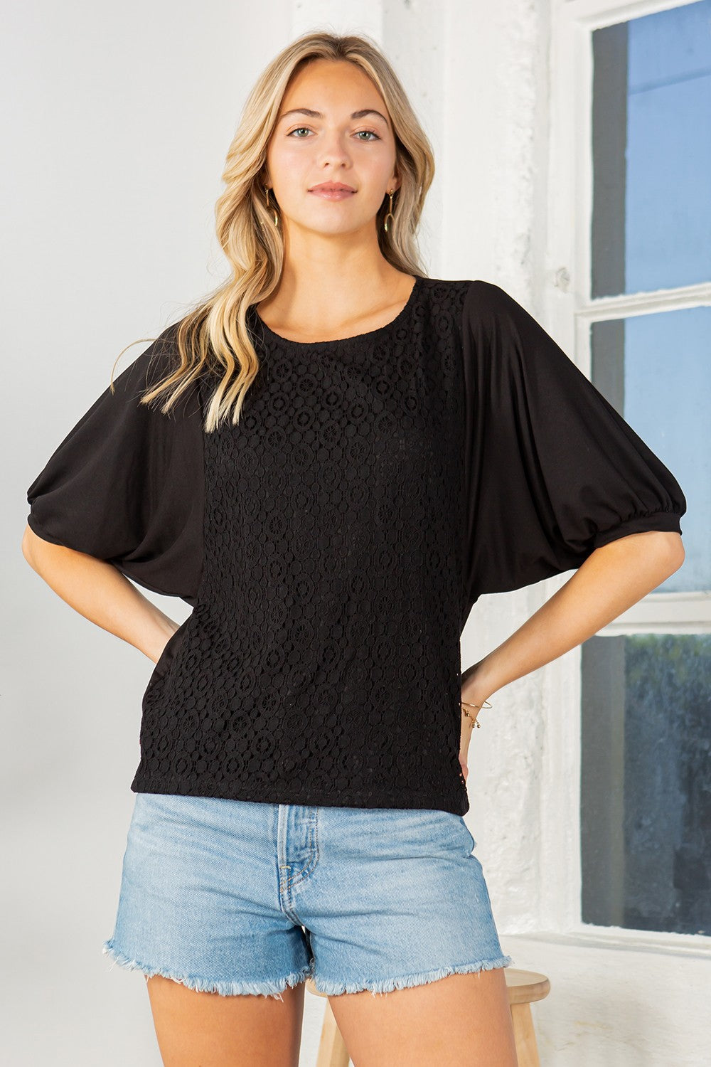 Lace Overlay Puff Sleeve Top in Black view 8 - Lace Overlay Top For Dress