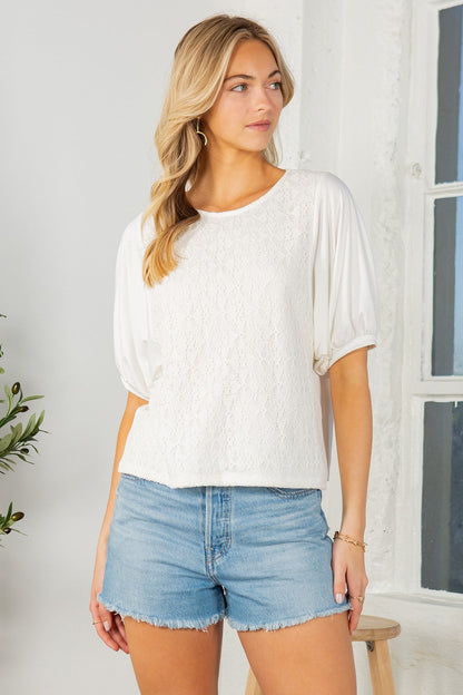 Lace Overlay Puff Sleeve Top in White view 3 - Lace Overlay Top For Dress