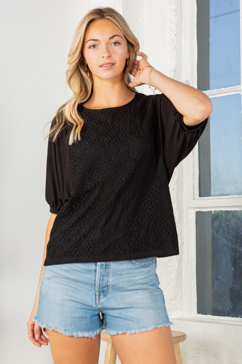 Lace Overlay Puff Sleeve Top view 10 - Lace Overlay Top For Dress