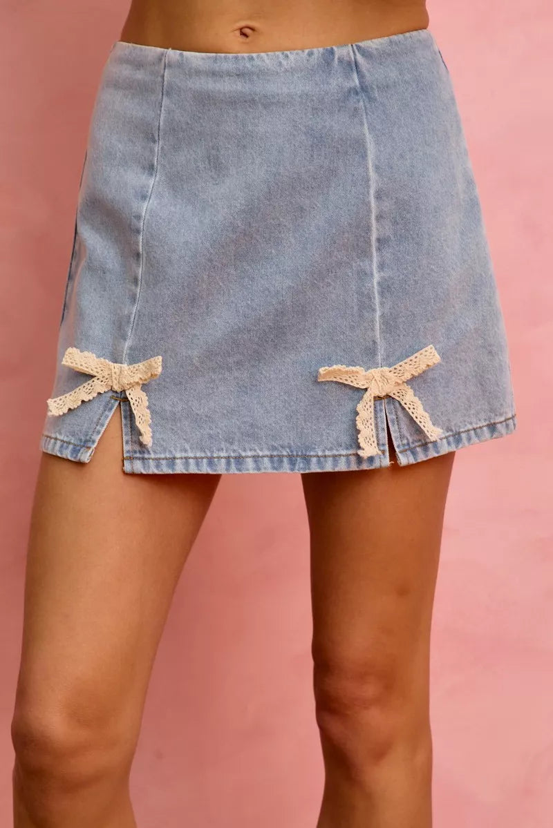 lace ribbon trim So Me Lace Ribbon Trim Denim Mini Skirt view 2 (skirt) - shop at us.meeeshop