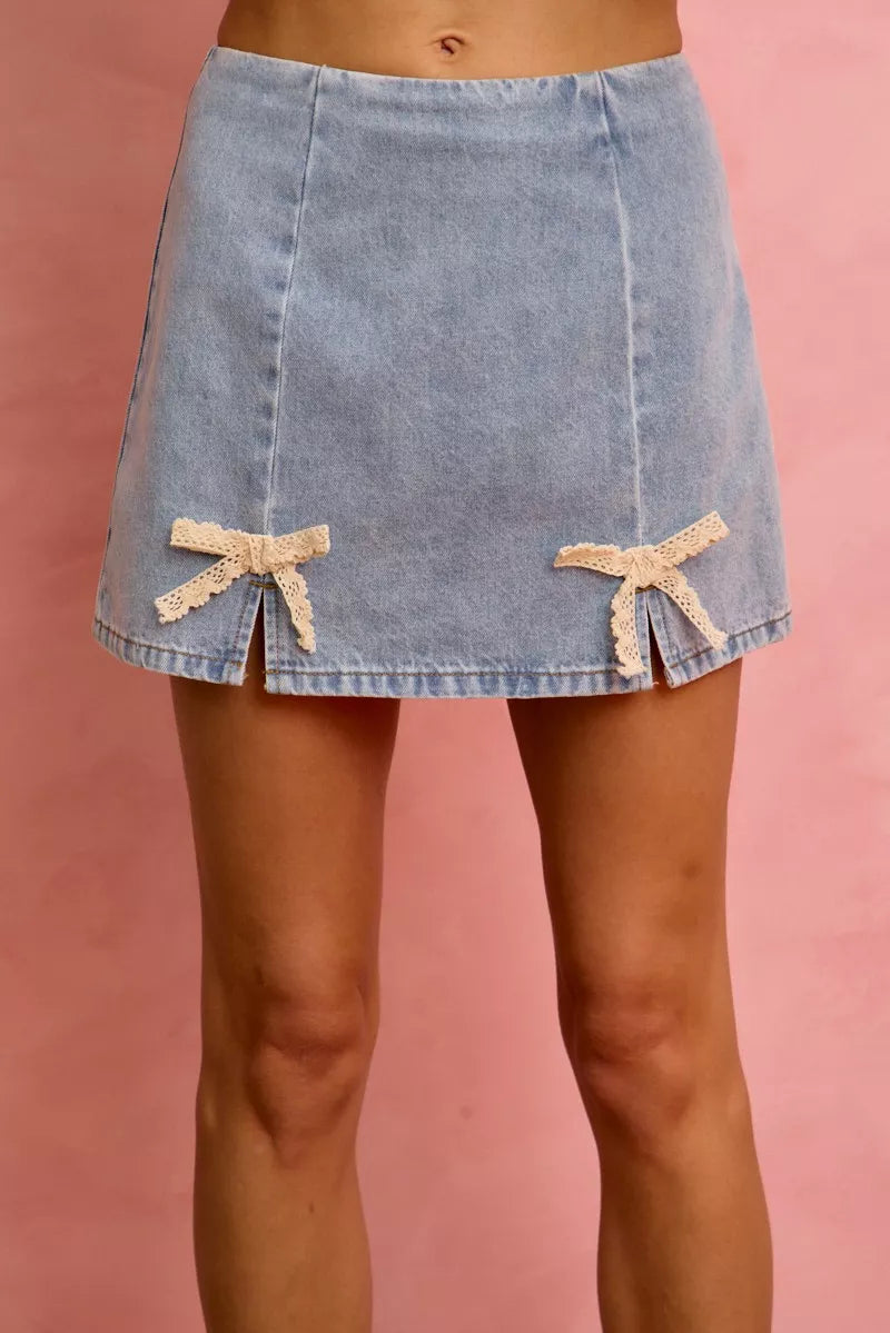 lace ribbon trim So Me Lace Ribbon Trim Denim Mini Skirt view 3 (skirt) - shop at us.meeeshop