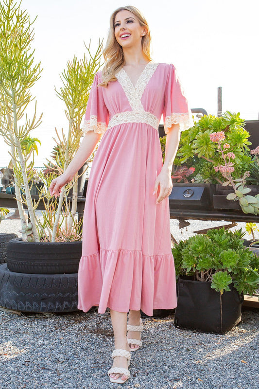 Lace Trimmed Detailed Tiered Dress in Pink - Tiered Trim Dresses