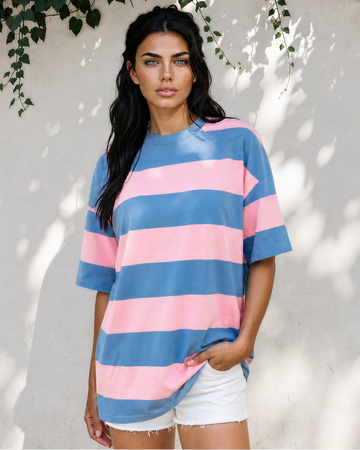 Landry Striped Color Block Oversize Tunic Tee in Bright Pink (top)