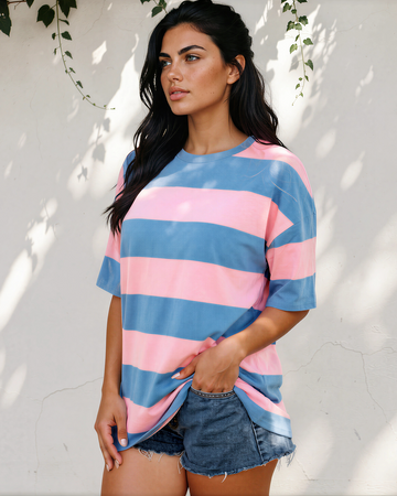 Landry Striped Color Block Oversize Tunic Tee in Bright Pink view 2 (top)