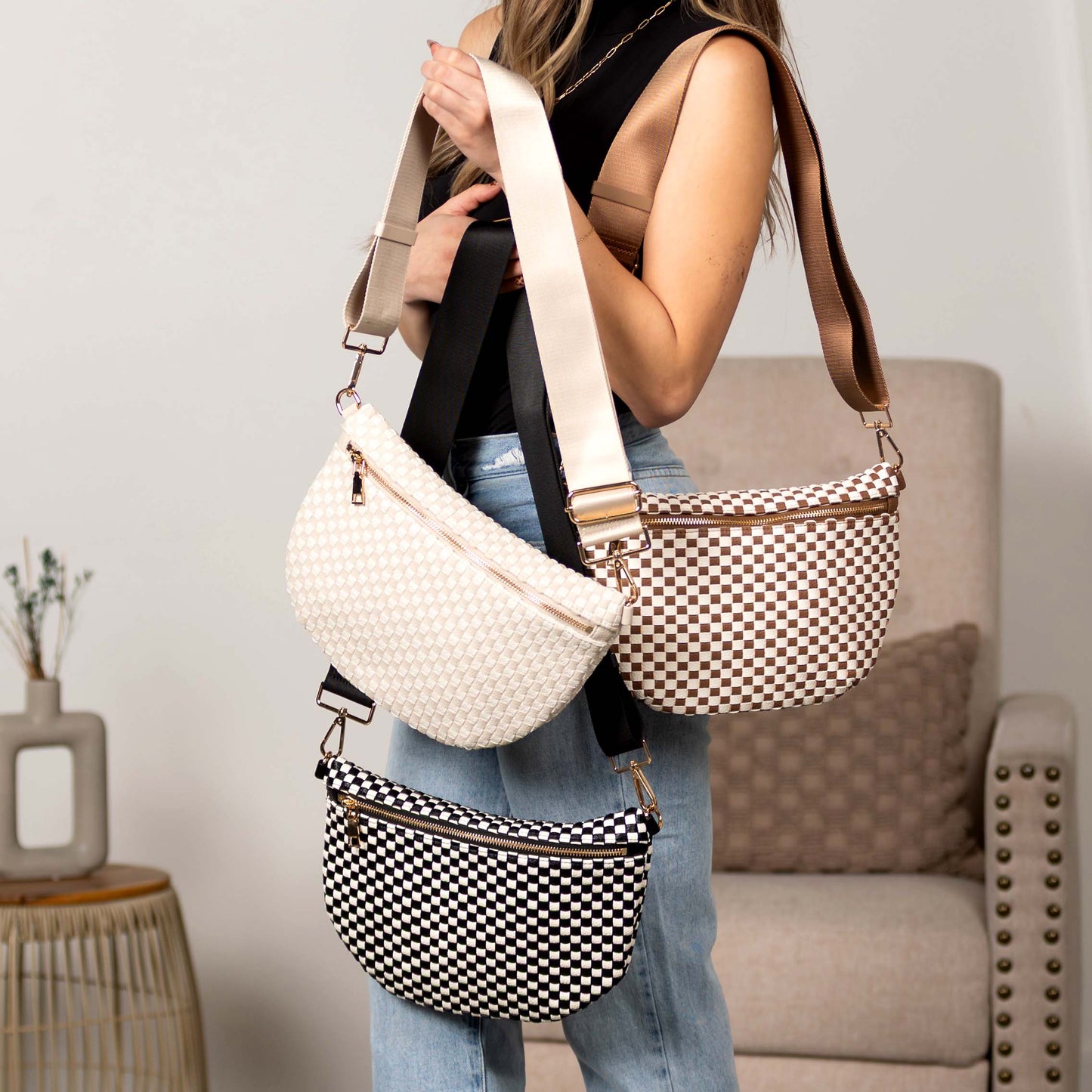 Layla Woven Checkered Crossbody Sling Bag in Black Check - Layla Woven Bag