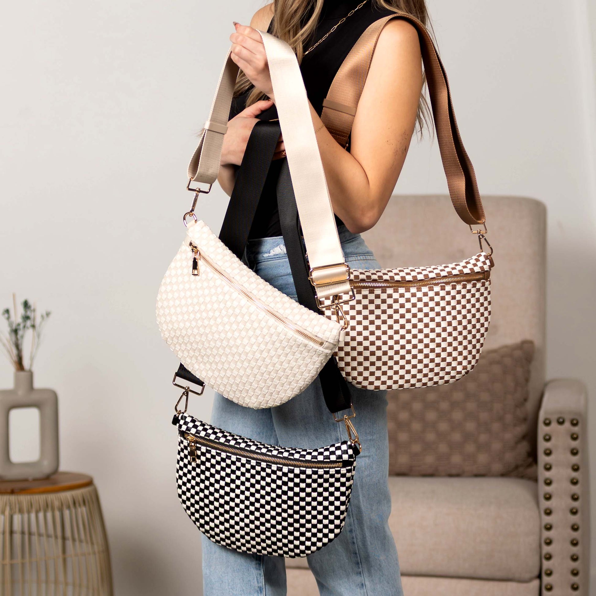 Layla Woven Checkered Crossbody Sling Bag in Black Check - Layla Woven Bag