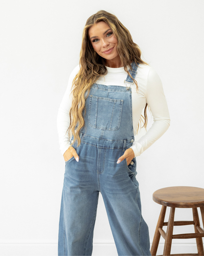 Leilani Adjustable Buckle Straps Straight Leg Denim Overalls in Dusk Blue view 3 (bottom)