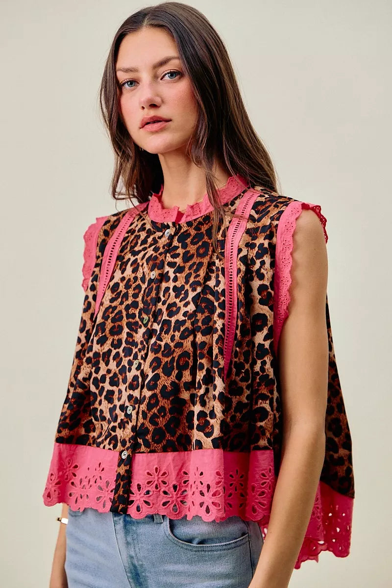 leopard button pleated So Me Leopard Button up Pleated Sleeveless Blouse view 10 (top) - shop at us.meeeshop