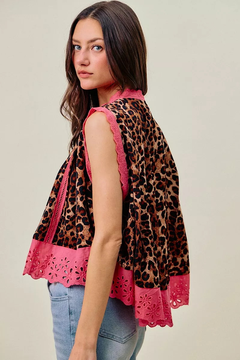 leopard button pleated So Me Leopard Button up Pleated Sleeveless Blouse view 3 (top) - shop at us.meeeshop