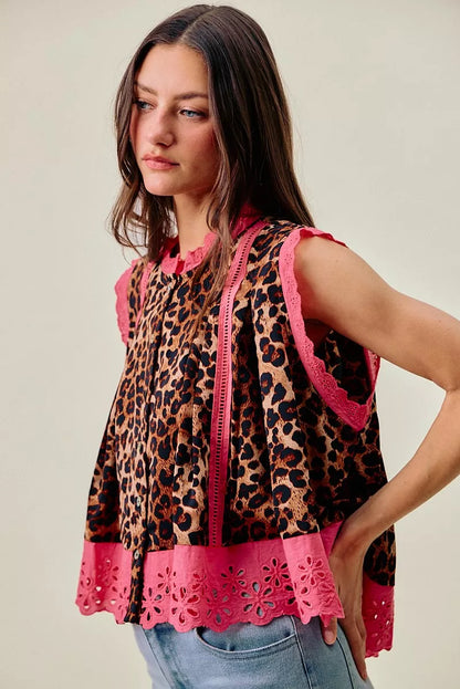 leopard button pleated So Me Leopard Button up Pleated Sleeveless Blouse view 4 (top) - shop at us.meeeshop