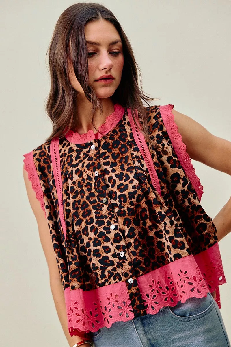 leopard button pleated So Me Leopard Button up Pleated Sleeveless Blouse view 5 (top) - shop at us.meeeshop