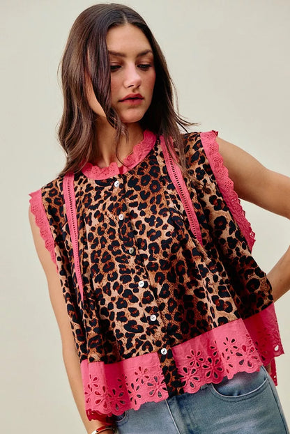 leopard button pleated So Me Leopard Button up Pleated Sleeveless Blouse view 5 (top) - shop at us.meeeshop