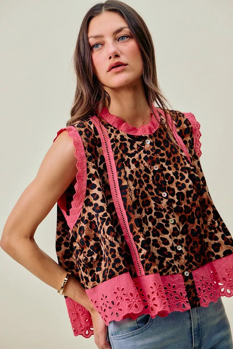 leopard button pleated So Me Leopard Button up Pleated Sleeveless Blouse view 6 (top) - shop at us.meeeshop