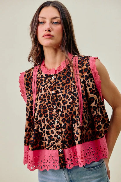 leopard button pleated So Me Leopard Button up Pleated Sleeveless Blouse view 7 (top) - shop at us.meeeshop
