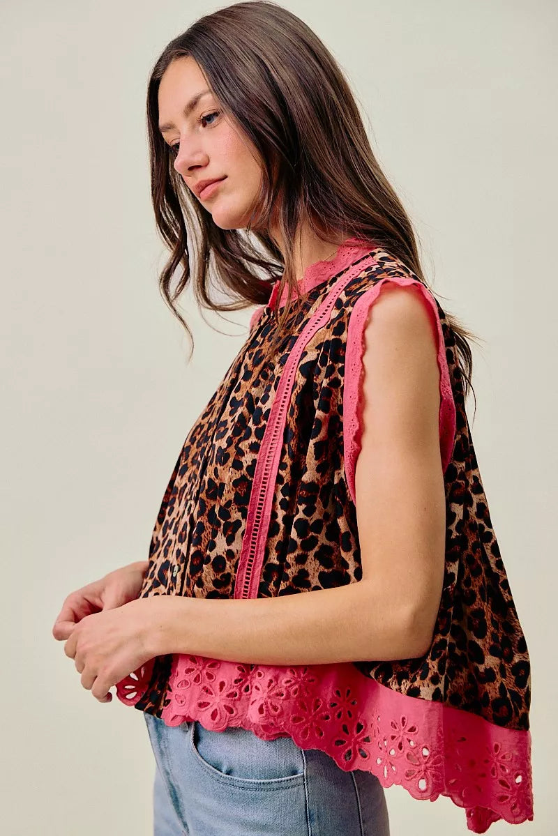 leopard button pleated So Me Leopard Button up Pleated Sleeveless Blouse view 8 (top) - shop at us.meeeshop