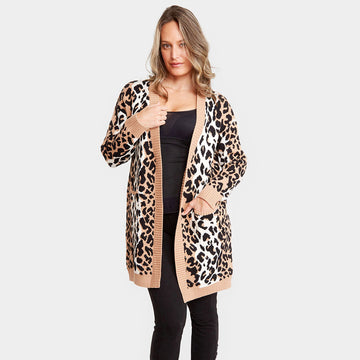 Leopard Pattern Pocket Cardigan Top in Camel - Leopard Print Cardigan