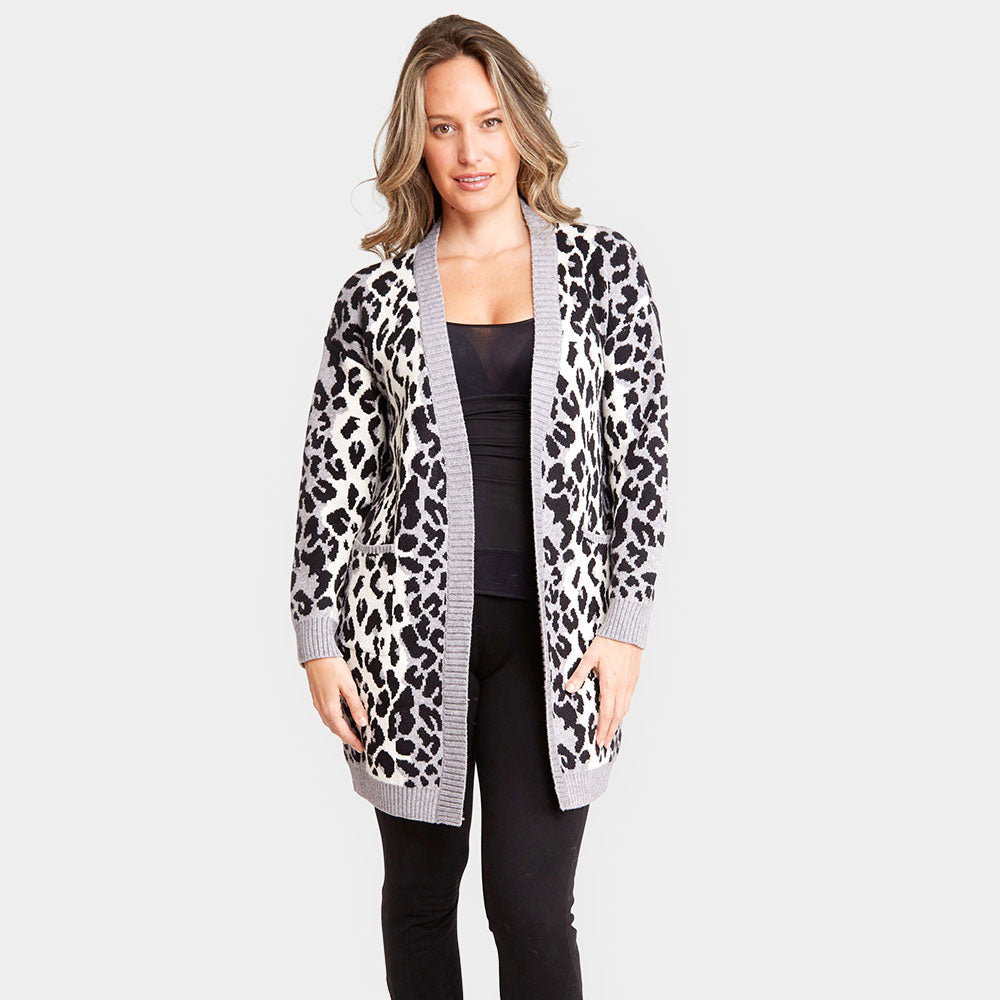 Leopard Pattern Pocket Cardigan Top in Gray view 2 - Leopard Print Cardigan