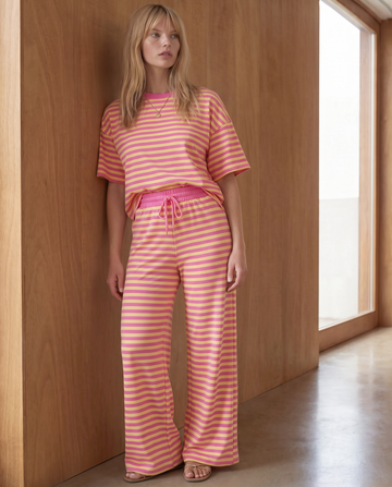 Lexie Drawstring Elastic Waist 2pcs Pant Set in Pink Stripe - Comfort Stretch (bottom)