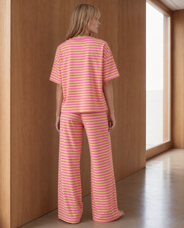 Lexie Drawstring Elastic Waist 2pcs Pant Set in Pink Stripe view 2 - Comfort Stretch (bottom)