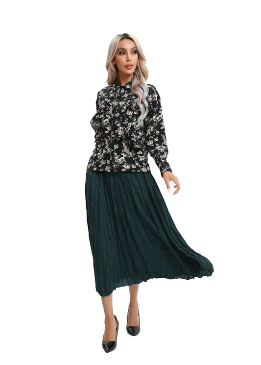 Lightweight Wrinkle Midi Skirt (one Size) in Forest Green view 2 - Lightweight Crinkle Skirt (dress)
