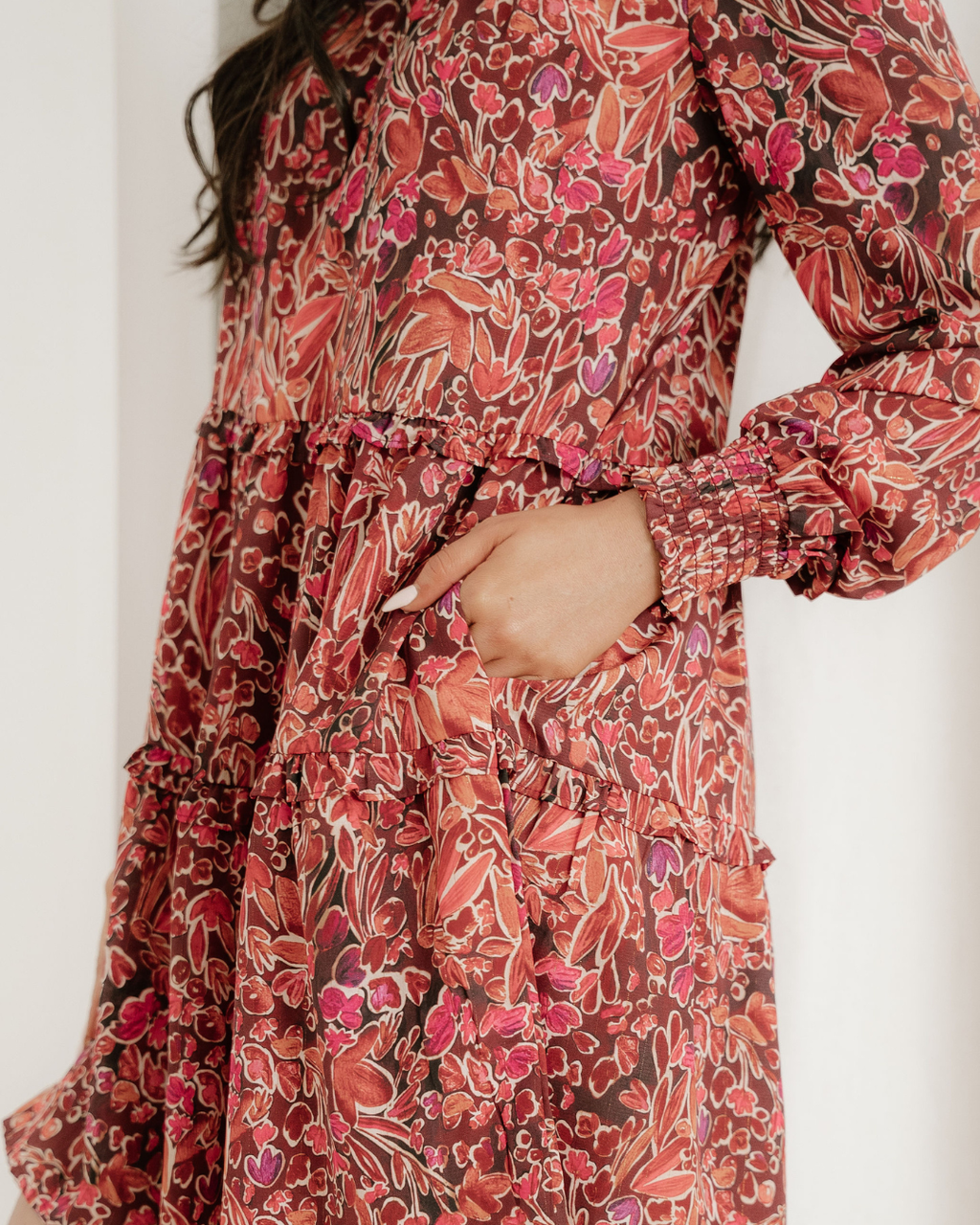 Lilith Long Sleeve Shirred High Neck Loose Mini Dress view 6 (dress) - lilith maxi dress in burgundy ra - shop at us.meeeshop