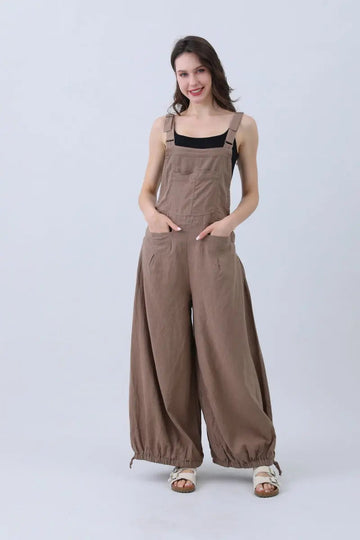 Linen Wide-leg Jumpsuit – Adjustable Cuffs - MeeeShop Women's Fashion