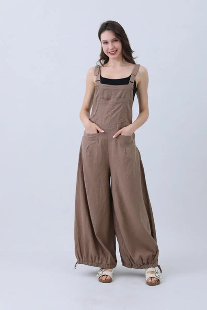 Linen Wide-leg Jumpsuit – Adjustable Cuffs - MeeeShop Women's Fashion
