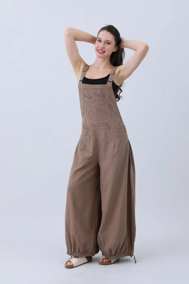 Linen Wide-leg Jumpsuit – Adjustable Cuffs - MeeeShop Women's Fashion