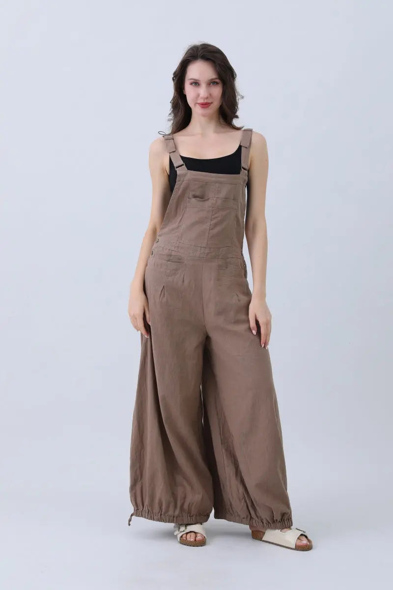 Linen Wide-leg Jumpsuit – Adjustable Cuffs - MeeeShop Women's Fashion