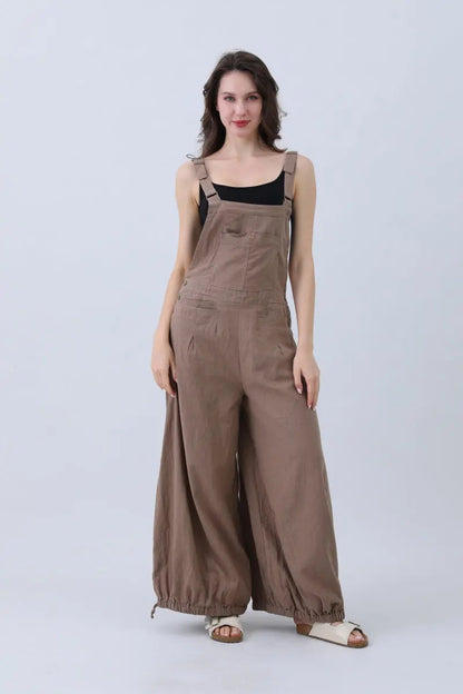 Linen Wide-leg Jumpsuit – Adjustable Cuffs - MeeeShop Women's Fashion