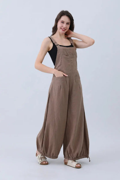 Linen Wide-leg Jumpsuit – Adjustable Cuffs - MeeeShop Women's Fashion