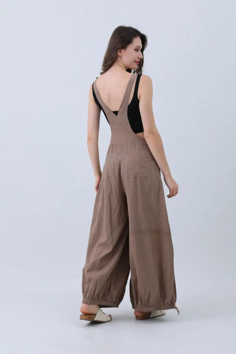 Linen Wide-leg Jumpsuit – Adjustable Cuffs - MeeeShop Women's Fashion