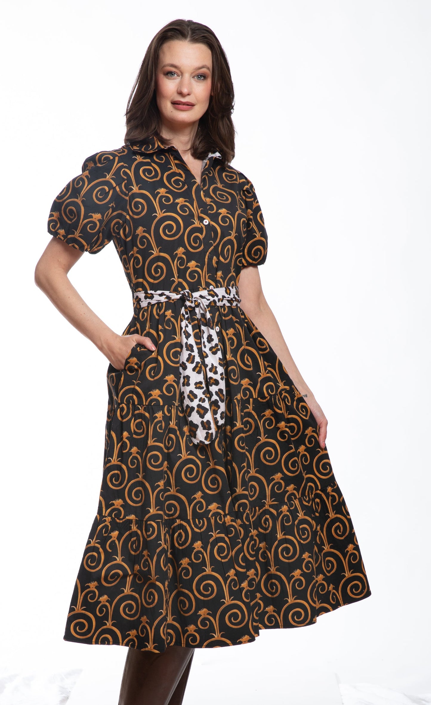 Litchfield Dress Black and Gold Swirl Print in M view 3 - Print Dress