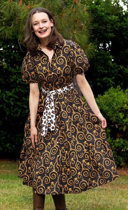 Litchfield Dress Black and Gold Swirl Print in S view 2 - Print Dress