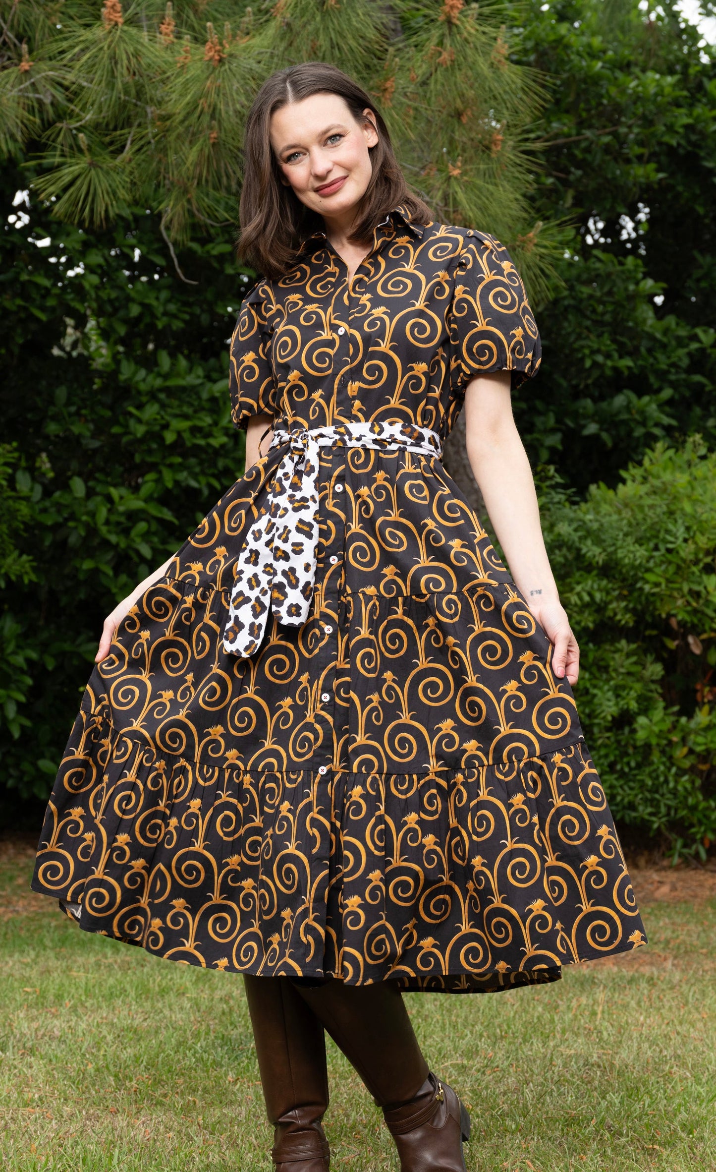 Litchfield Dress Black and Gold Swirl Print in XS - Print Dress