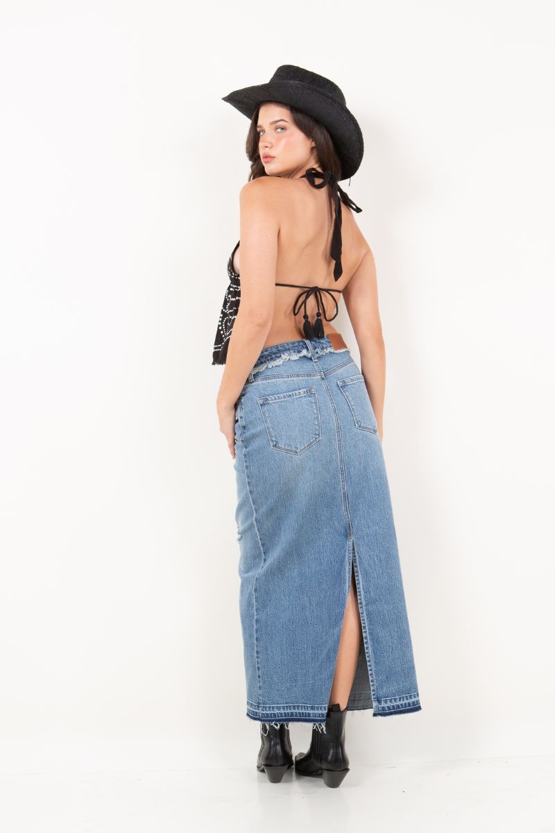 Livia Denim Maxi Skirt Frayed Waistband W/ Slit Detail in L view 3 - Detail Skirt (dress)