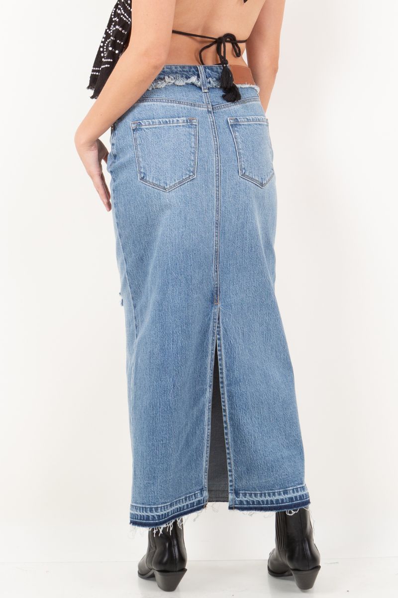 Livia Denim Maxi Skirt Frayed Waistband W/ Slit Detail view 5 - Detail Skirt (dress)